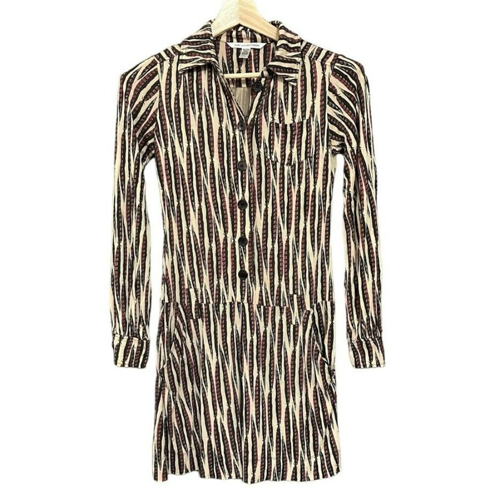 Diane von Furstenberg 100% Silk Tan Feather Pattern‎ Button Long Sleeve Dress 4